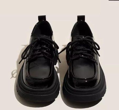 

Single Shoes Autumn Mid-Black Loafers 2023 Lace-Up Small Leather Shoes Women S Platform Internet Celebrity British Heel Classic 35