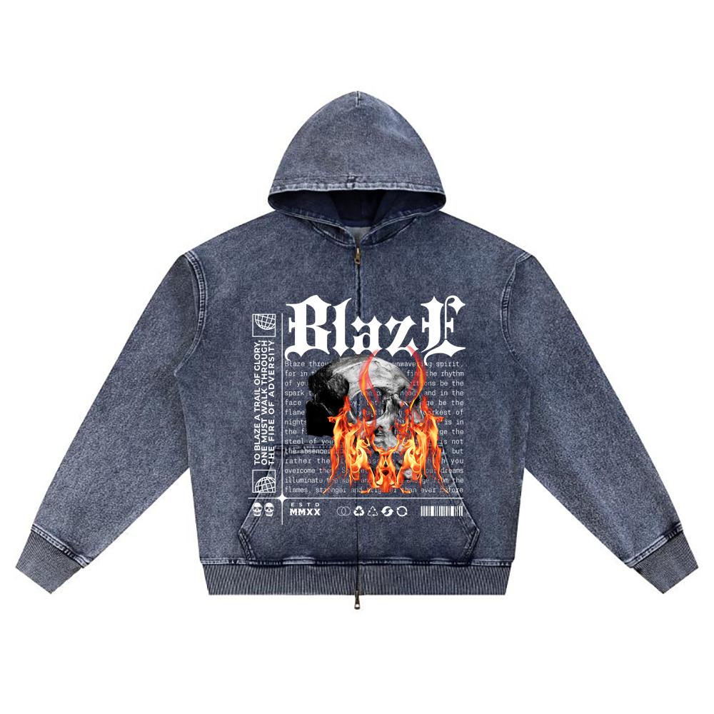 DTG print Knitted Denim Zip-Up Hoodie Blaze Brother Print Zipper Hoodies