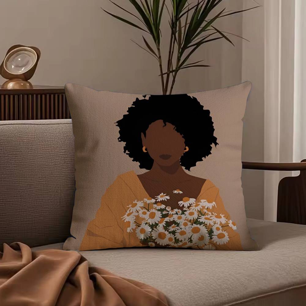 Black Woman Art Anime Pillow Case Anti-dustmite Pillowcase Invisible Zipper Silky Short Plush Sofa Cushion Cover