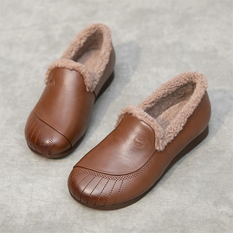 Mom Shoes Autumn and Winter New Cotton Shoes Medium and Soft Soles Comfortable Flat Bottom Leather Warm Fluff Single Shoes Wool Leather Shoes Women