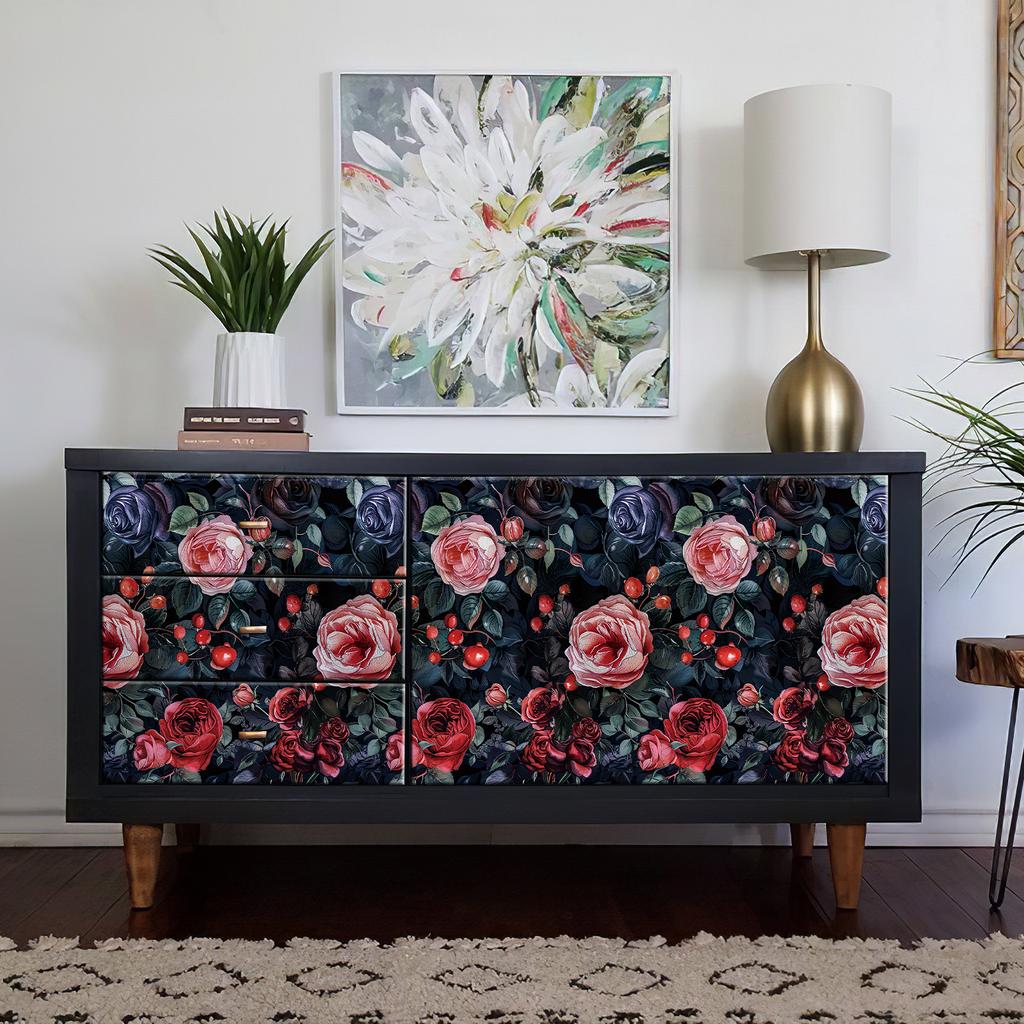 Retro Czerwona Tapeta Kwiatowa Samoprzylepny Winyl Wodoodporny Dekor Ścienny do Kuchni i Łazienki Ciemna Tapeta Kwiatowa Naklejka na Szafkę