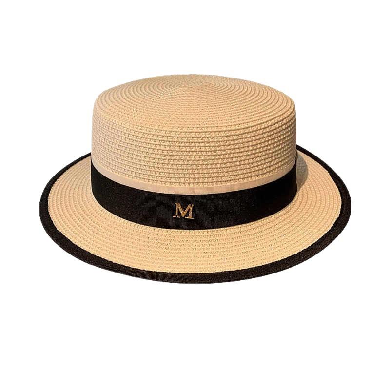 Summer Vacation Hat Women's Strap Alphabet Straw Hat Seaside Sunshade Sunscreen Hat Versatile Flat Top Hat