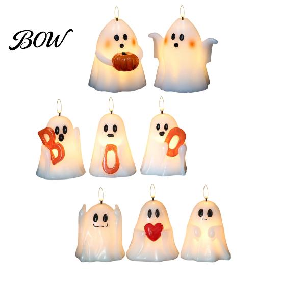 Porch Patio Ambient Illumination Halloween Ghost Flameless Candle, Cute Holding BOO Letter Tealight, Wireless Flickering Candle Lamps Battery Operated