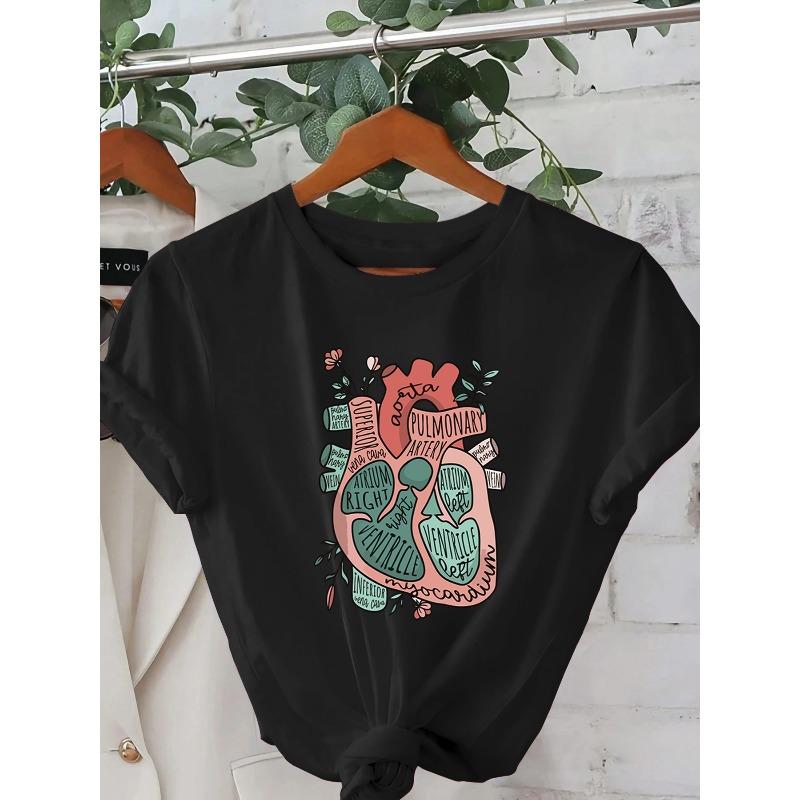 Women'S Casual Crew Neck T-Shirt with Pulmonary System Design - Short Sleeve, Machine Washable, Summer Fashion Top with Illustration,