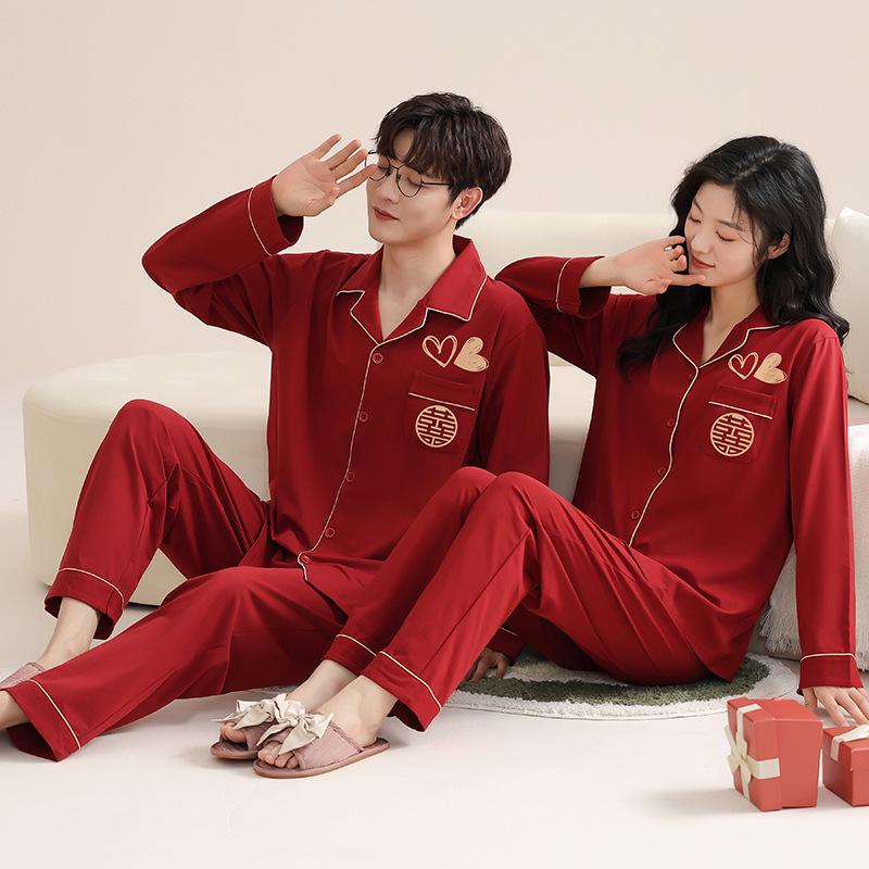 Red Pajamas for Couples - Spring/Autumn 2025 Pure Cotton High-Grade Dowry Festive Homewear for Newlyweds