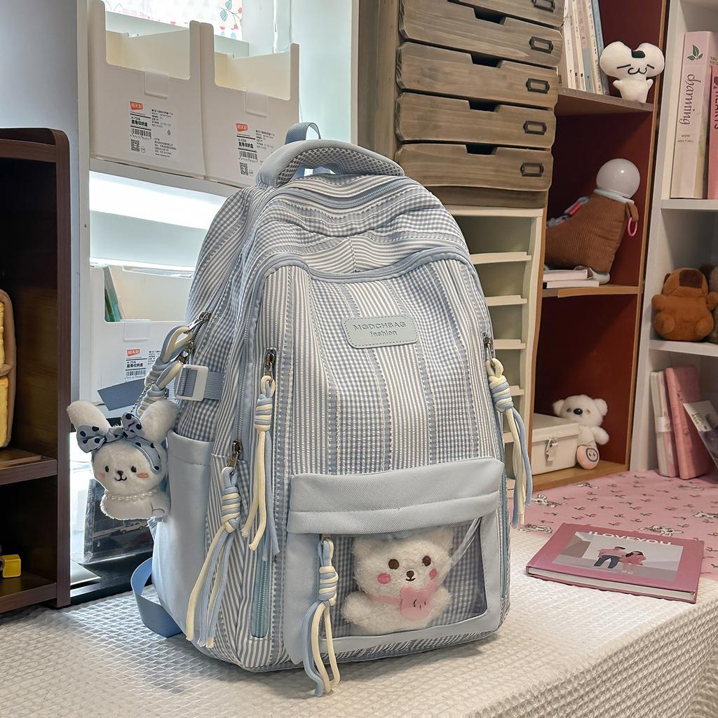 Schultasche Koreanisch Milch Süß Vitalität Karomuster Transparent Schmerzschicht Rucksack Mädchen Party Mehrere Fächer Pendeln Vielseitig Ausflug Rucksack