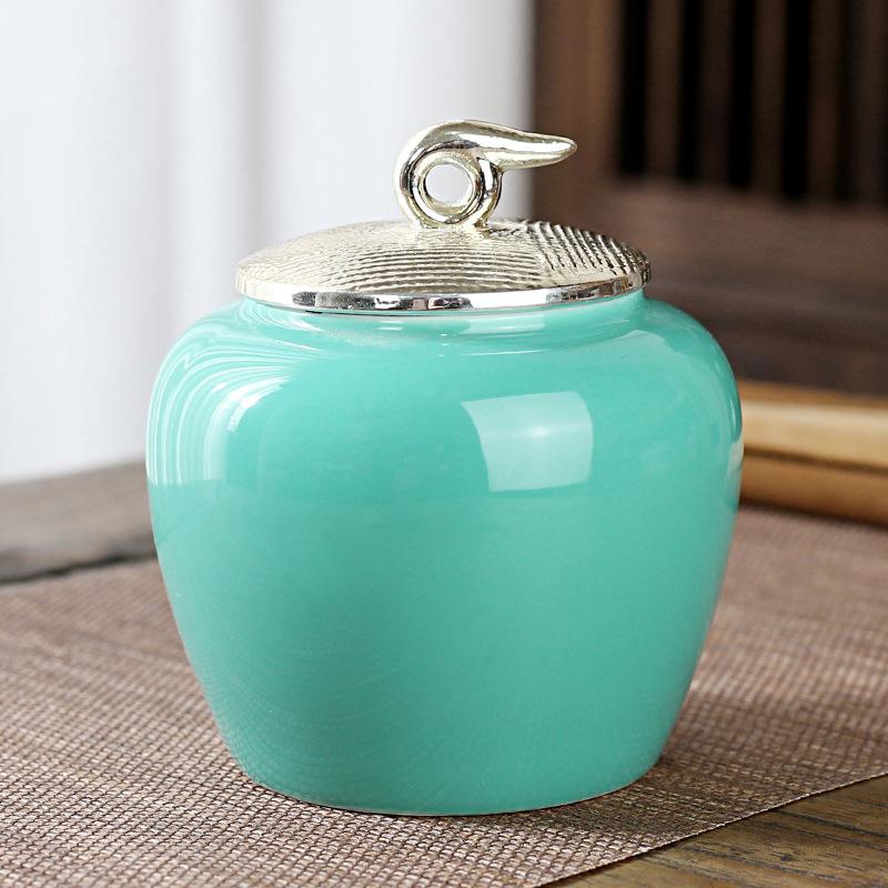 European-style Ceramic Tea Canister Round Gongfu Tea Storage Jar Celadon Sealed Container for Candies Nuts and Spices Kitchen