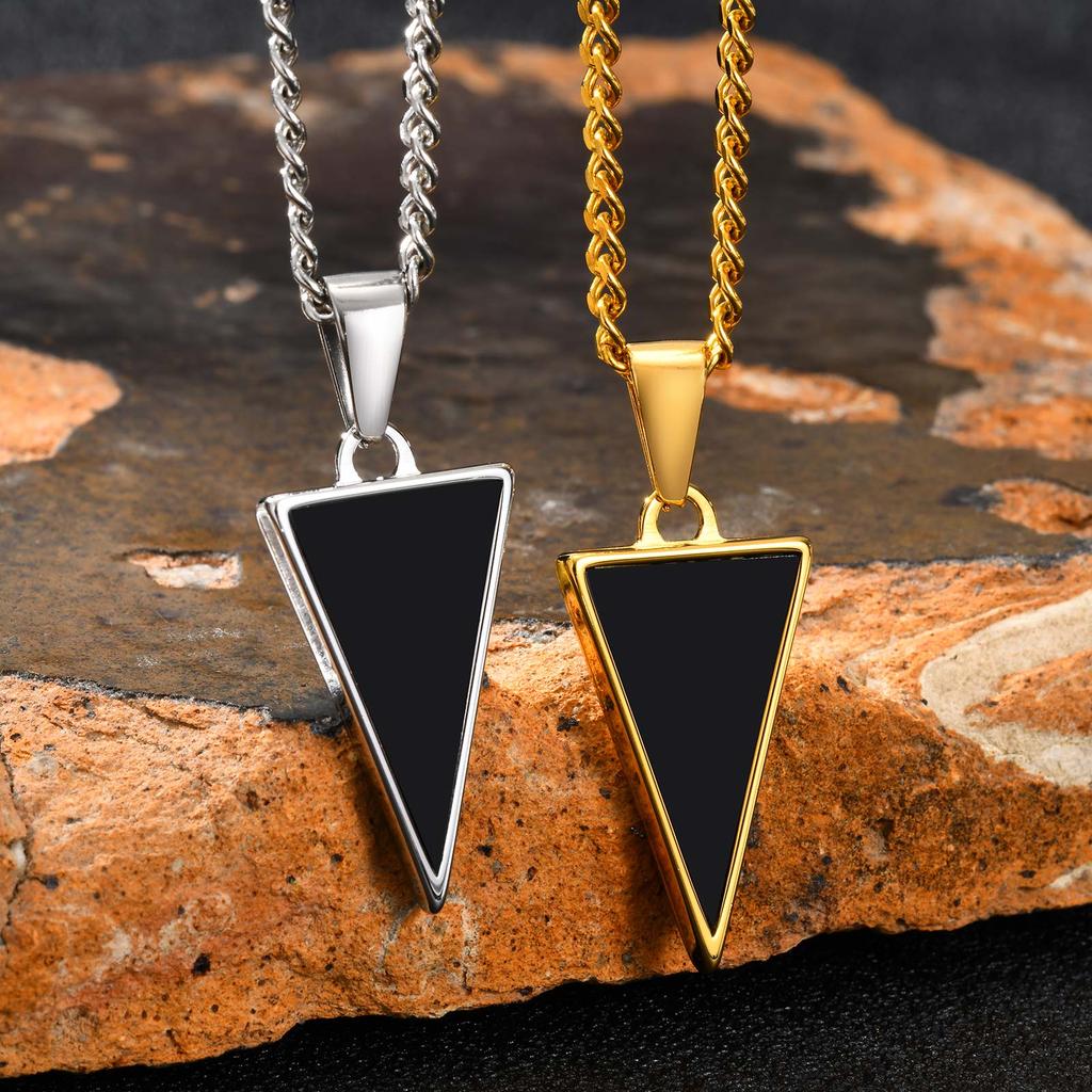 Geometric Triangular Black Agate Pendant Necklace,Stainless Steel Natural Stone Necklace for Men, Minimalist Trendy Jewelry Gift