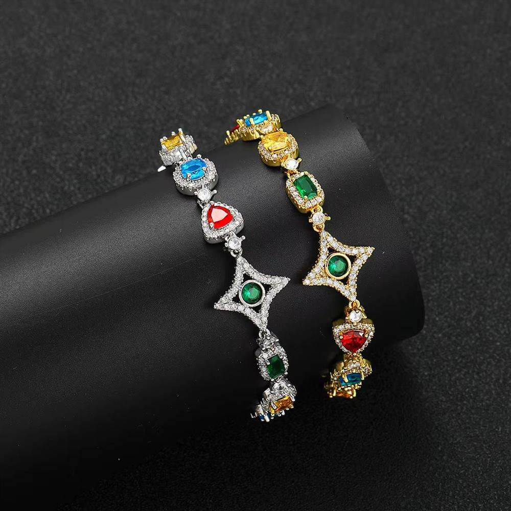 Hip Hop Jewelry Bling CZ Iced Out Geometric Bracelet Star Shape Rainbow Zircon Bracelet for Women and Me