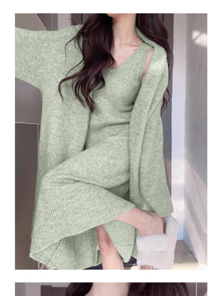 Pine Frost Knit Figure-Hugging Maxi Dress & Sweater Set - Temperamental Goddess Vibe