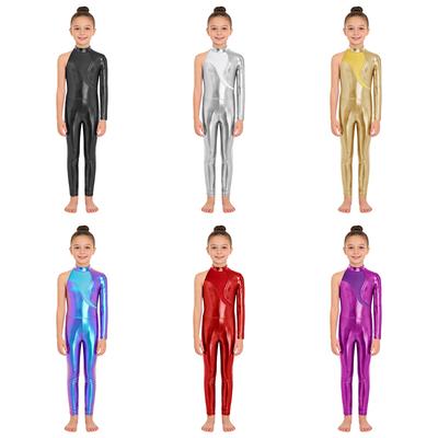 Girls Stage Performance Jumpsuit: Asymmetrical Metallic Mock Neck Mesh Patchwork Back Invisible Zipper Bodysuit Dancewear