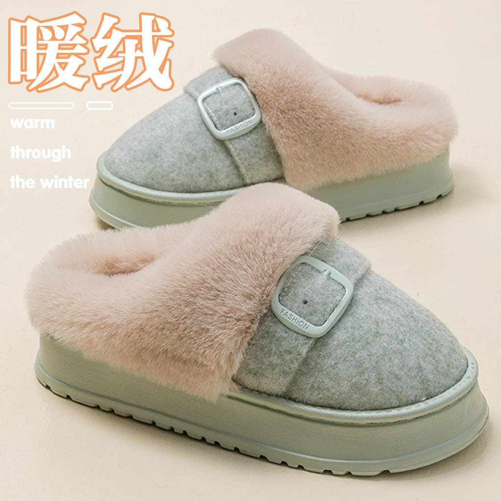 High-heeled thick-soled cotton slippers women's simple plush slippers autumn and winter warm and non-slip