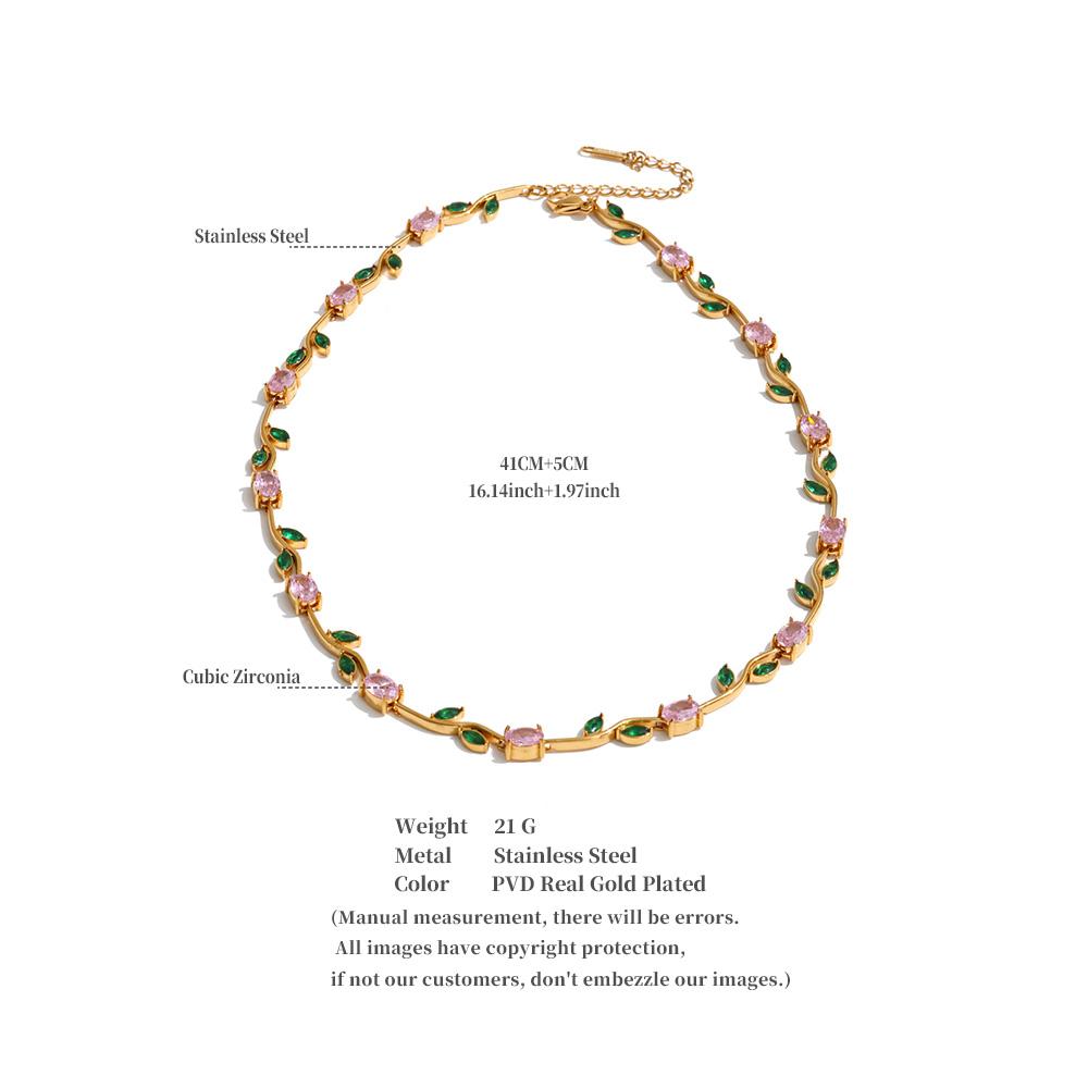 JINYOU 8556 Fashion Stainless Steel Jewelry Set Green pink Cubic Zirconia Necklace Stainless Steel Gold Plated Chain Bracelet