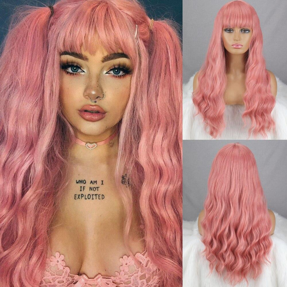 MISSQUEEN Modische lange gewellte Perücke für Damen ohne Pony, synthetische Faser, lange natürliche Welle, Rotwein-Perücke für den Alltag