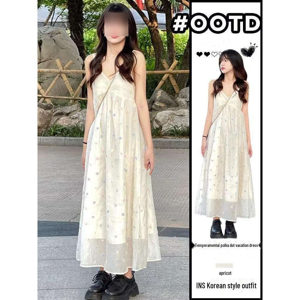 

Women s White V-Neck Spaghetti Strap Long Summer Dress – French Beach Vacation Style XL (55-60kg)