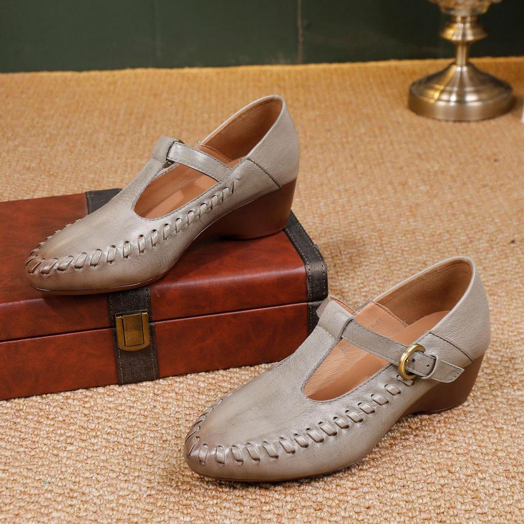 2025 Autumn Women's Genuine Leather Mary Jane T-Strap Shoes - Soft Sole, Retro French Style, Chunky Heel