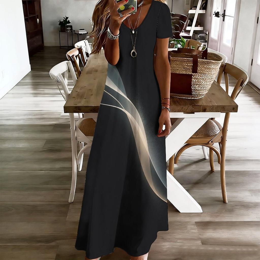 Women Plus Size V Neck Short Sleeve Black Golden Printed Straight Maxi Dress