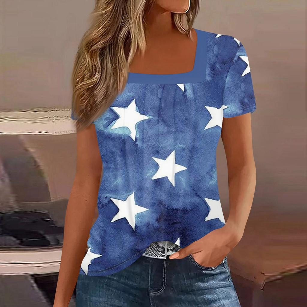 Womens Tops Casual Summer Independence Day Print T Shirts Short Sleeve Square Neck Basic Tee