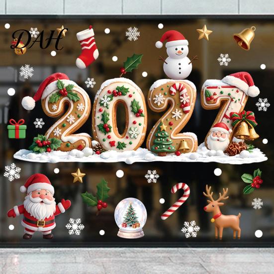 Adhesive Free Glass Ornaments Christmas Gingerbread Window Cling 2027, Static Stickers with Santa Claus Man Decals Snowman Reindeer and Snowflake for