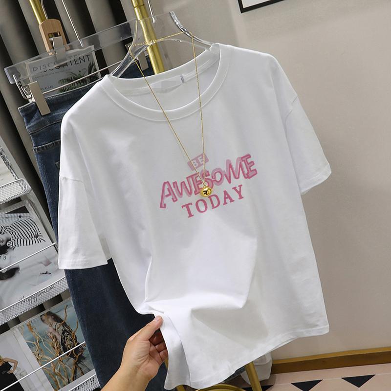 

Женская белая хлопковая футболка с круглым вырезом, принтом, коротким рукавом, лето 2025, с принтом букв, обычная, модная, универсальный топ S