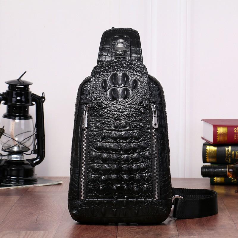 New Crocodile Patterned Men's Chest Bag Korean Version Casual Single Shoulder Diagonal Cross Genuine Leather