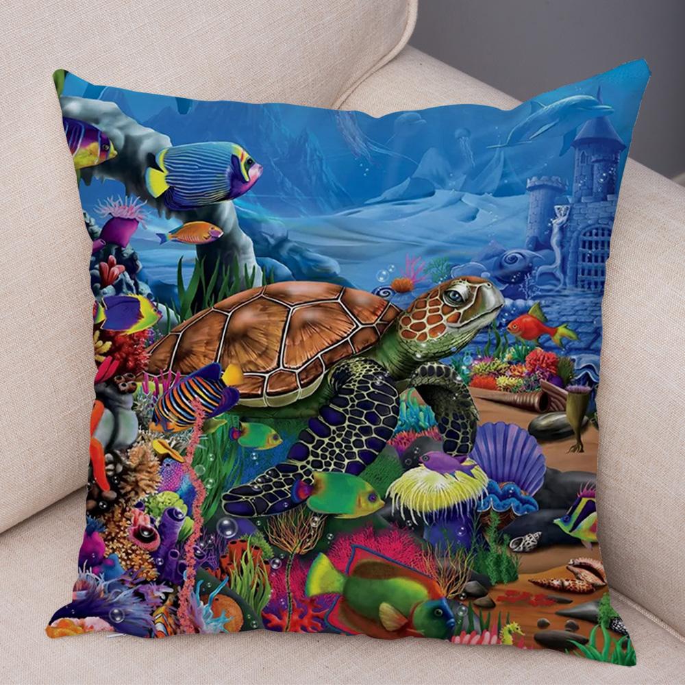 Marine Turtle Dolphins Shark Cushion Cover Short Plush Decor Colorful Ocean Animal Pillowcase Pillow Case for Sofa Home Car