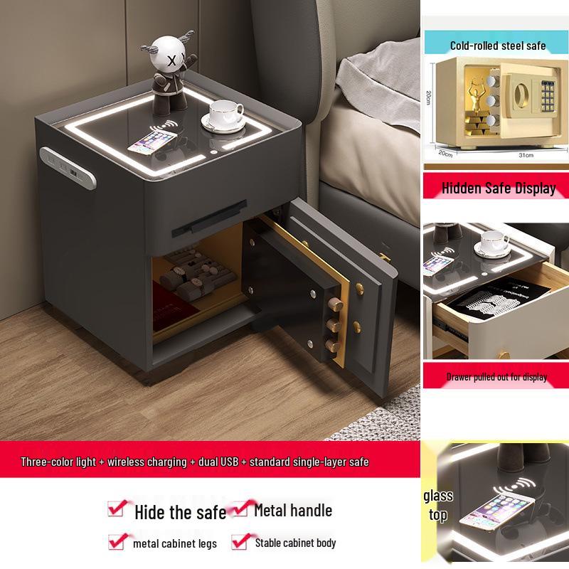 Smart Multifunctional Bedside Safe: Minimalist Square Design for Bedroom and Living Room