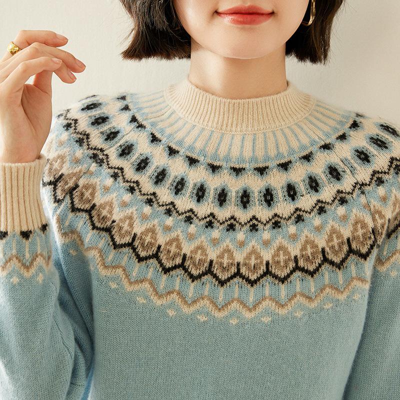 Women's Fair Isle Jacquard Cashmere Sweater - Versatile Round Neck Knit for Autumn/Winter