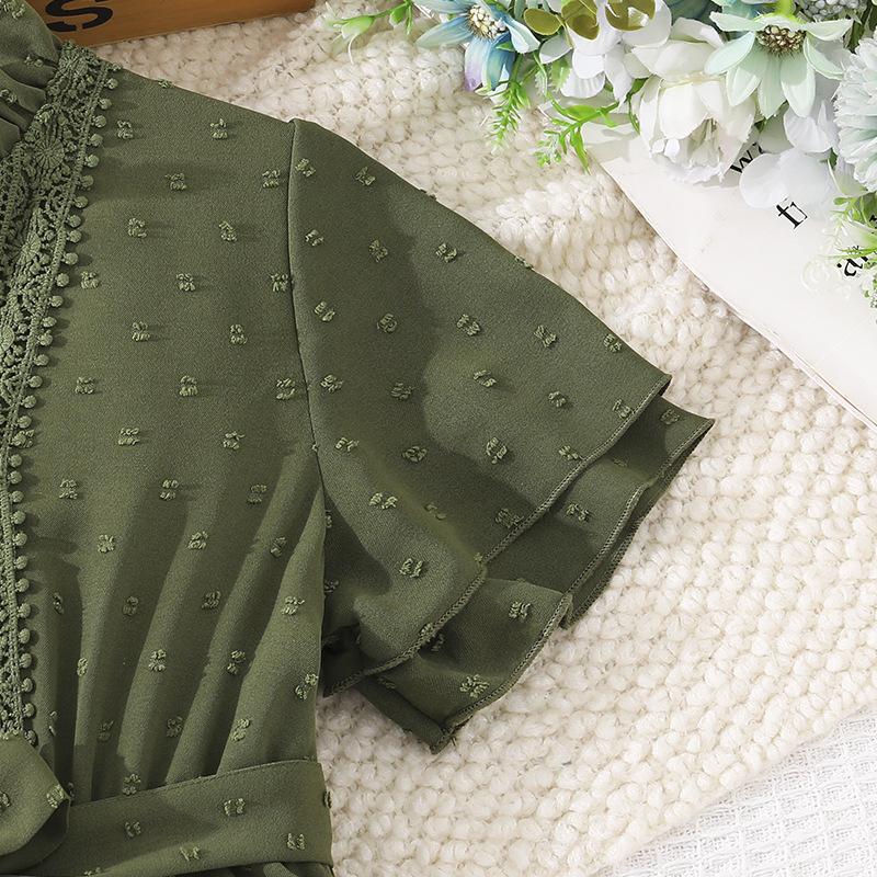 Vestito estivo nuovo per bambina, a maniche corte, in pizzo, con scollo a V e cintura da annodare, svasato