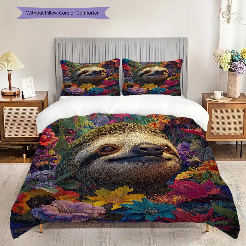 Sloth Pattern Bedding Quilt Set Quilt Cover Pillowcase Home Decoration Birthday Gift (1 * Duvet Cover + 2 * Pillowcase, Without Core)