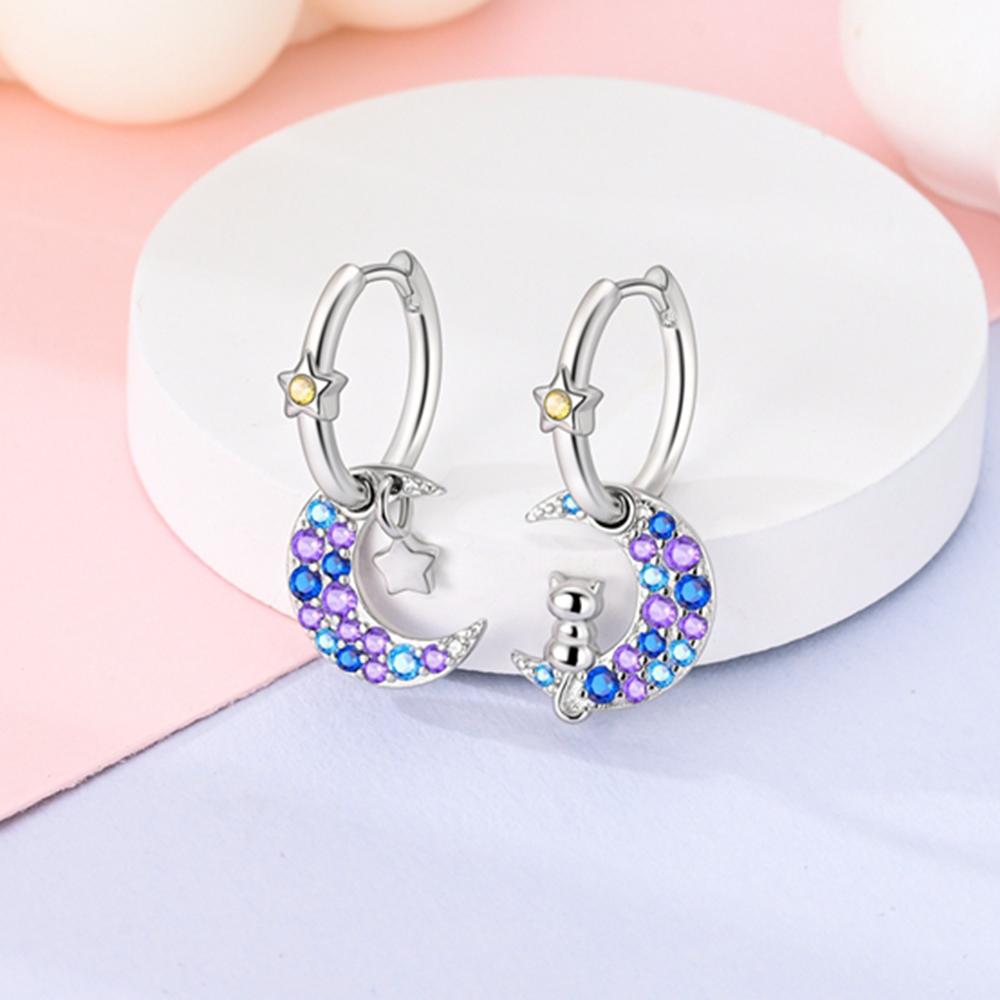 925 Silver Moon Star Cat Hoop Earrings for Women Fashion Earrings Jewelry Gifts
