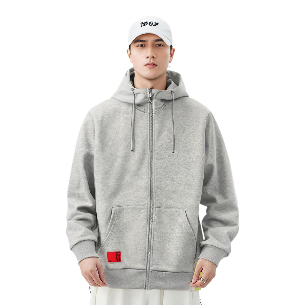 Li Ning Sport Fashion Series Logo Fleece Warme Kapuzen-Reißverschlussjacke Unisex Jacken Blume-Grau AWDPD23-8