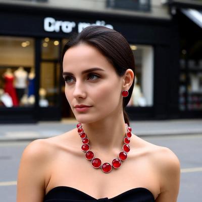 Elegantes Harz Rubin Legierung Halsketten- und Ohrring-Set für Damen