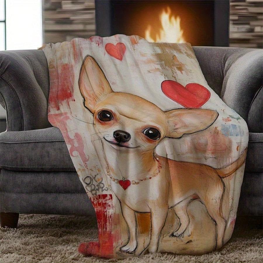 Chihuahua Love Heart Art Flannel Throw Blanket, Vintage Painting Dog Print Soft Lightweight Blanket for Sofa Bed, Nap Blanket, Dog Lover Gift