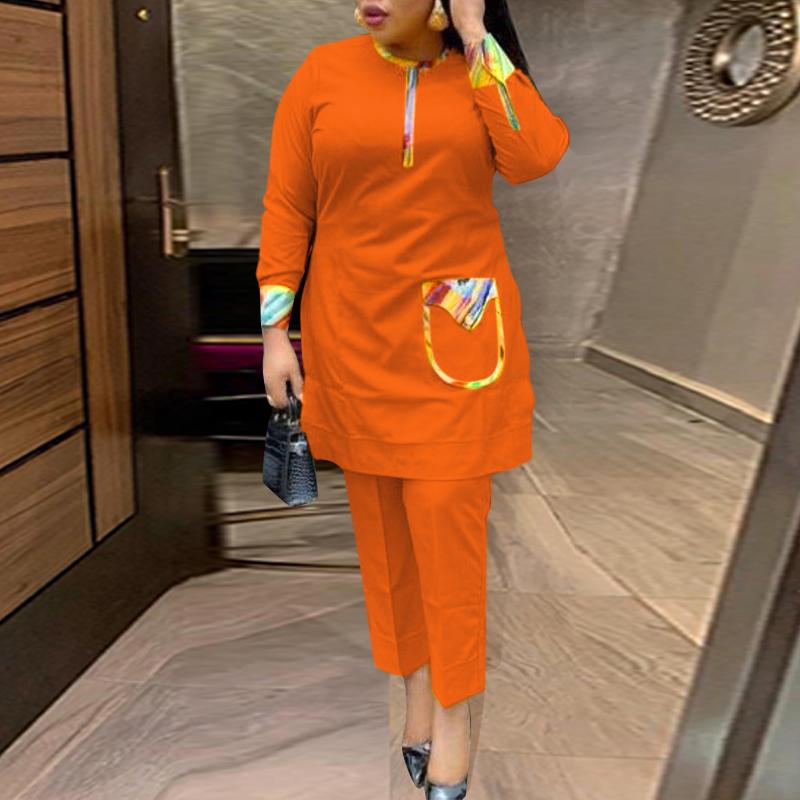 Damen Übergröße Rundhals Ausländisches Material Patchwork Taschen Lässige Einfarbige Oberteile Hosen