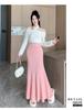 Autumn/Winter 2025 High-Waisted Knit Fishtail Skirt: Drapey Ribbed A-Line with Wide Hem
