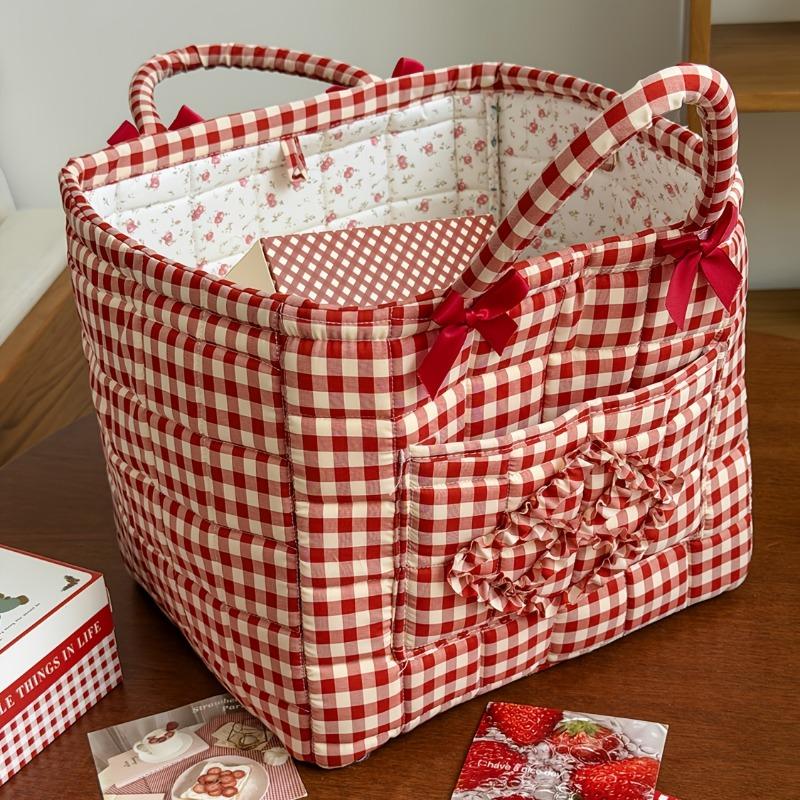 Vermilion Plaid Storage Basket with Stone Handles, Ins Style Portable Organizer for Bathroom Laundry & Sundries