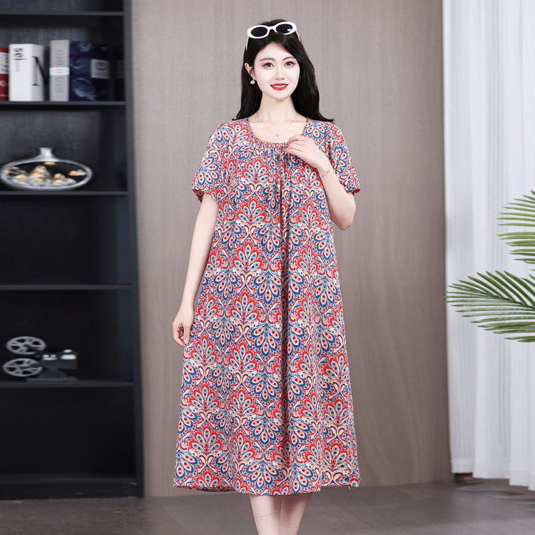 Summer 2026 Plus Size Cotton Silk Long Dress for Middle-Aged Women