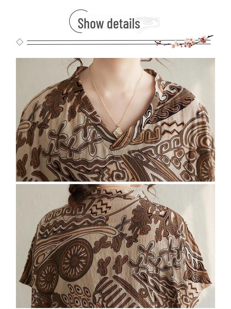 2024 Summer Plus Size V-Neck Cotton Linen Mid-Length Dress - Women's Wide H-Shape Pullover