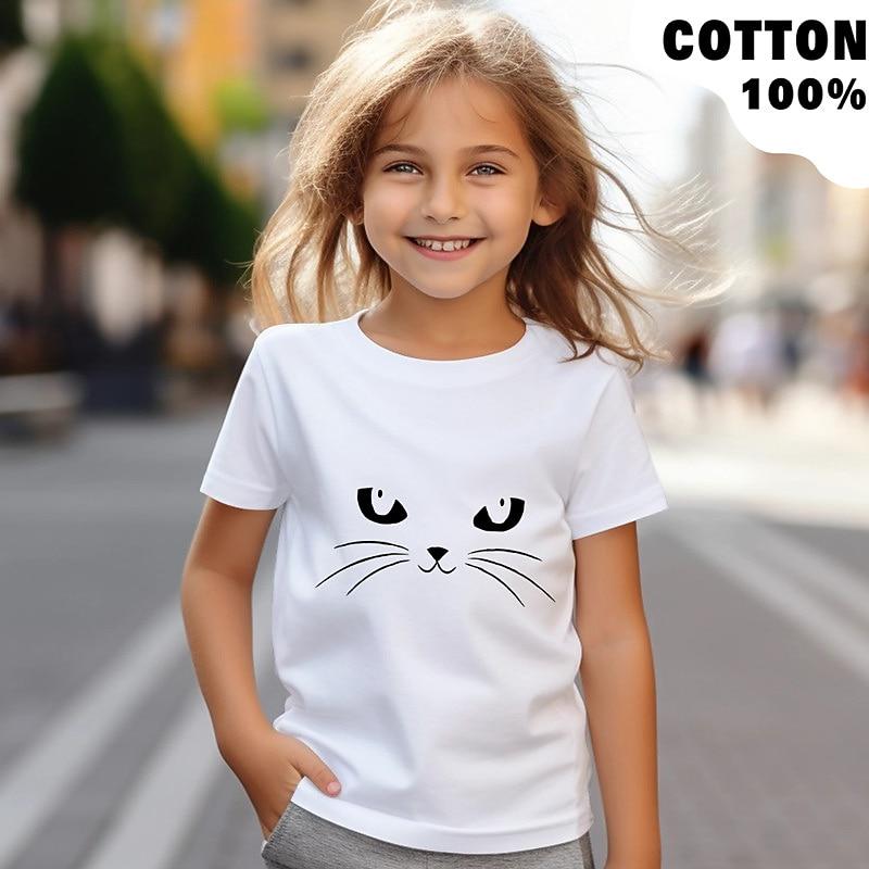 100% Cotton Kids Girls' Black White Red Cat Tee Shirts Crew Neck Short Sleeve Outdoor Casual Daily Active Fashion Cute Crewneck Summer