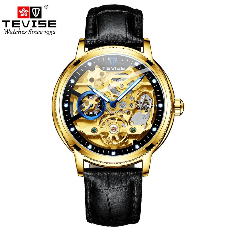 TEVISE Uhr Herren Hollow Fashion Leder Herrenuhr Im Dunkeln leuchtende automatische mechanische Uhr
