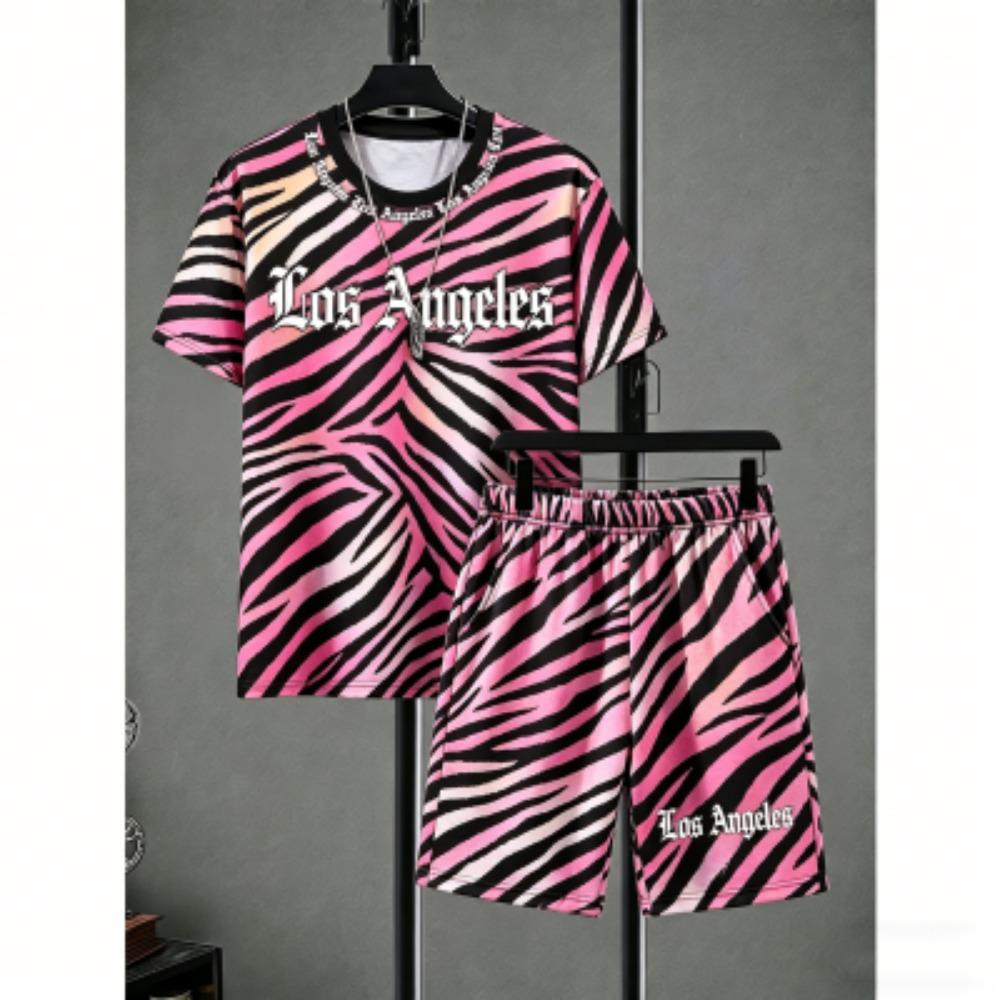 Men's Set Zebra Stripe Colorful Printed Men's T-shirt and Shorts 2 Piece Set Summer Casual Outdoor Men's and Women's T-shirt Sets