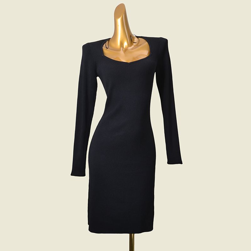 Foreign Trade Original Order Long dress Western Style Square Collar Long sleeve Side Slit Slim fit Slimming Sheath Long sleeve Knitted dress