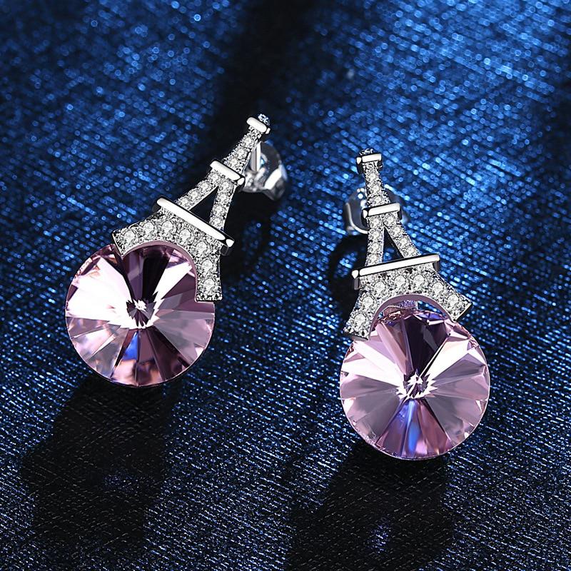925 Sterling Silver White Pink Crystal Eiffel Tower Stud Earrings for Women Wedding Gift Female Pendientes Mujer Moda