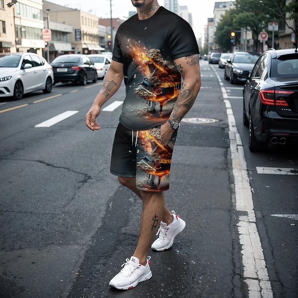 Summer Men's Two-piece 3D Music Instrument Short Sleeved Shorts Set Men's Running and Leisure Art Set Men's Clothing