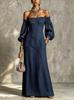 European and American One-word Shoulder Long Women's Dress, Bubble Sleeves, Waist and Thin Temperament Long Holiday Dress