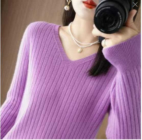 Pulôver Feminino Tricotado Canelado com Decote em V – Top de Lã Slim-Fit para Primavera e Outono 2025