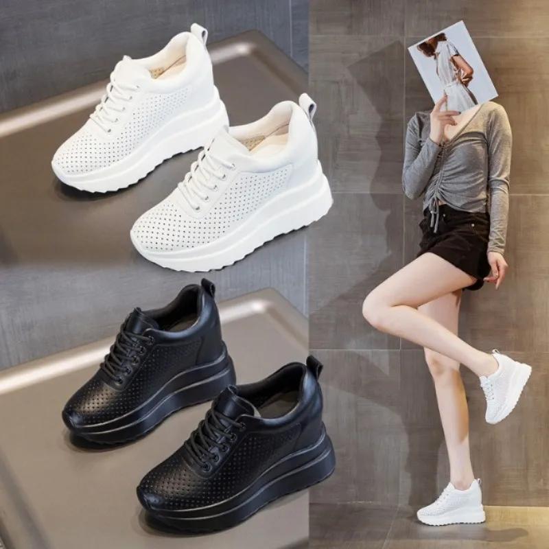Fashion Hot quality10cm Genuine Leather Vulcanized Platform Wedge Casual Women Summer Shoes Fashion Sneakers Hollow Heels Increase Shoes