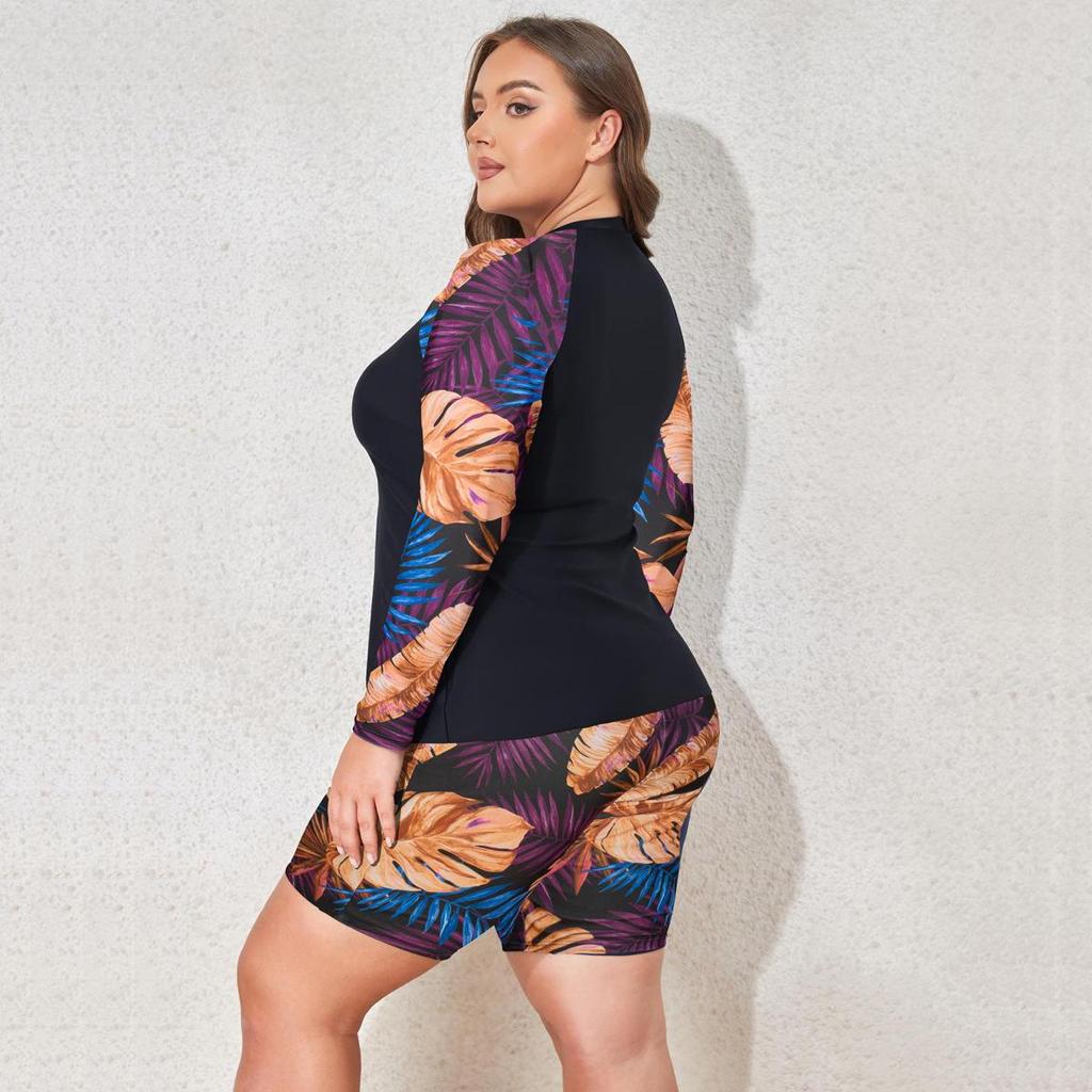 2025 Women's Plus Size Tankini: Two-Piece Long Sleeve Flat Leg Swimsuit