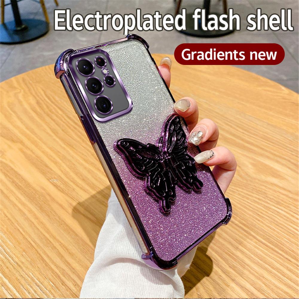 Shockproof Glitter 3D Butterfly Holder Stand Phone Case For Samsung S25 S24 S23 S22 S21 S20 FE Note 20 Ultra Plus Plating Cover
